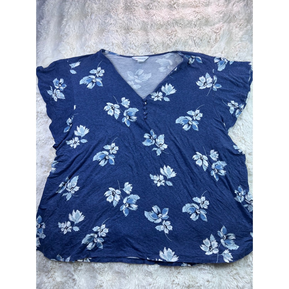 Liz Claiborne Blue Floral V-Neck Short Sleeve Blouse Top Plus Size 4X. A40